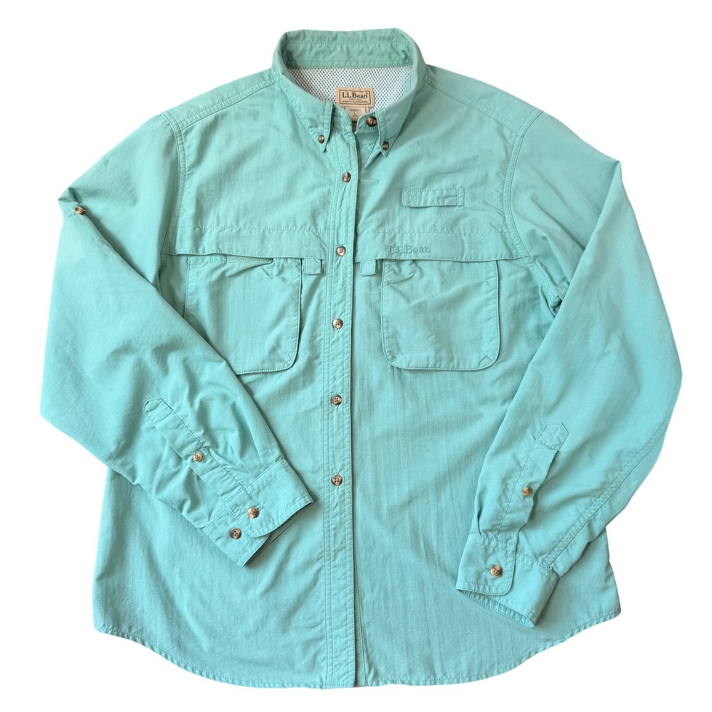 L.L. Bean Womens Aqua Vented Fishing Shirt  (LG)‎ Lightweight UPF Mesh Pockets